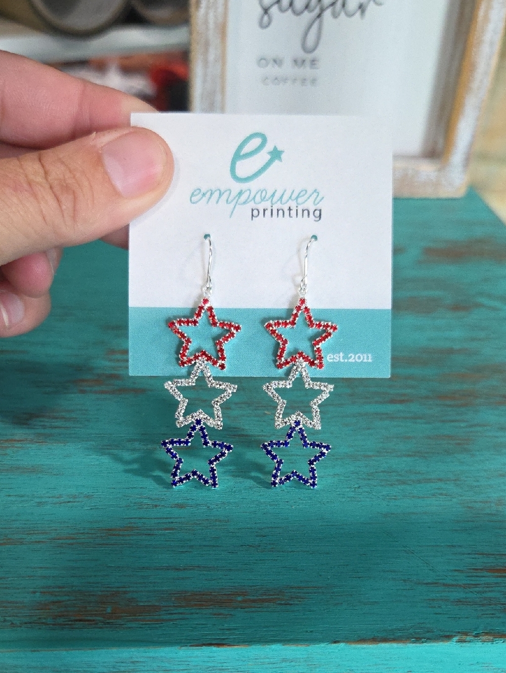 Patriotic Triple Star Dangle Earrings - Red Silver Blue